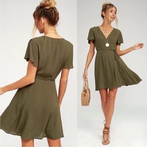 LULU’S | Harbor Point Olive Green Wrap Dress Split Sleeve Women’s Size Small